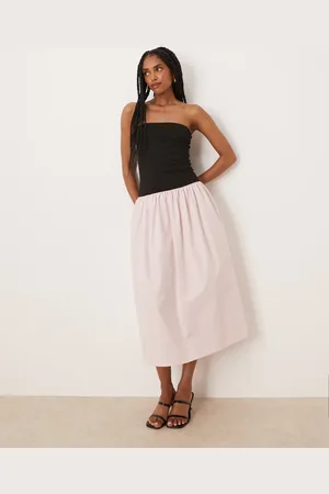 ASOS Vestido largo con escote palabra de honor y diseño color block de mezcla de popelina de