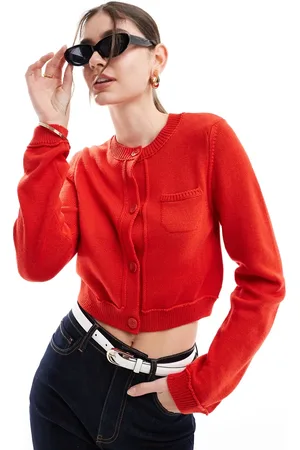 ASOS Cárdigan corto con cuello redondo y bolsillo de mezcla de algodón de