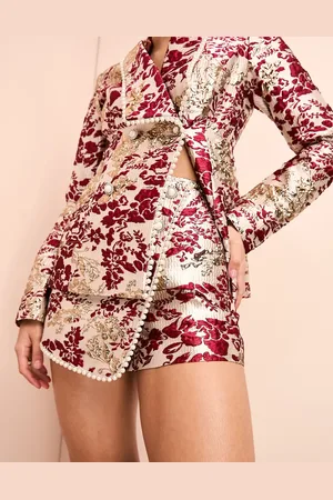 ASOS Pantalones cortos burdeos y dorados de jacquard con estampado floral y adornos de perlas de -Multicolor