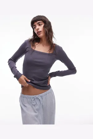 Topshop Top color de manga larga con escote cuadrado de -Gris