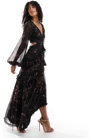ASOS Vestido midi de manga larga con vintage y detalle de abertura de -Multicolor