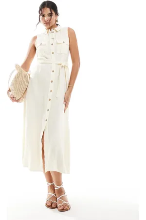 MANGO Vestido midi claro con lazada delantera de lino de - neutro