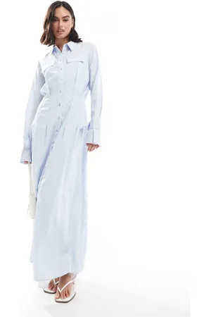 ASOS Vestido camisero largo azul y blanco a rayas con detalle de puños con lazada de -Multicolor