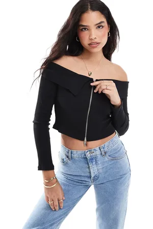 Pieces® Top de manga larga con escote Bardot y cremallera de