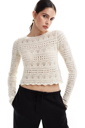 ASOS Jersey color con cuello redondo y bajo festoneado de punto calado variado de -Blanco
