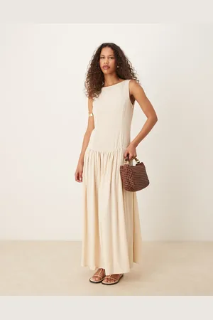 ASOS Vestido largo con cintura baja y espalda escotada de mezcla de lino de -Neutro