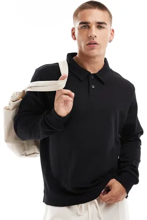 JACK & JONES Sudadera negra extragrande con cuello tipo polo de