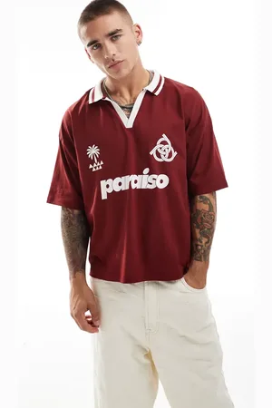 ASOS Polo rojo y blanco de corte cuadrado extragrande con estampado "Paraiso" en el pecho de