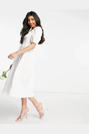 Y.A.S Vestido de novia midi con parte superior fruncida y manga abullonada de popelina de Y.A.S