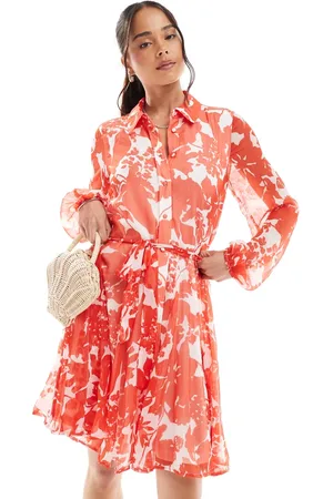 VERO MODA Vestido camisero rojo con vuelo, estampado floral y cinturón Smilla de