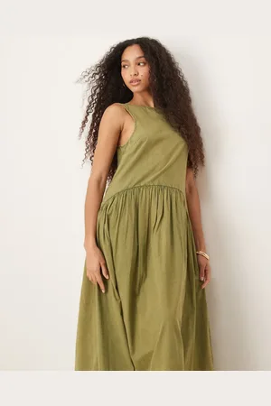 ASOS Vestido midi verde amplio con cuello barco y cintura baja de