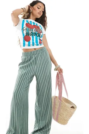 ONLY Pantalones verdes a rayas de pernera ancha de tejido texturizado de