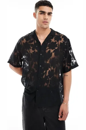 ASOS Camisa negra extragrande con cuello de solapas y diseño floral de devoré de