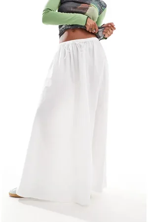 Monki Falda larga blanca de corte slim con cinturilla elástica y cordón ajustable de