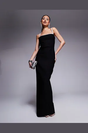 Vesper Vestido largo ajustado con escote cuadrado y ribetes en contraste de bengalina de