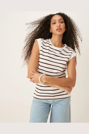 ASOS Top color crema a rayas marrones sin mangas con hombros marcados y cinturilla estilo corsé de -Multicolor