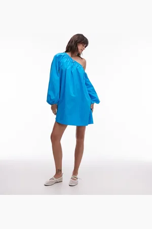 Topshop Vestido corto azul de corte trapecio con escote Bardot de popelina de