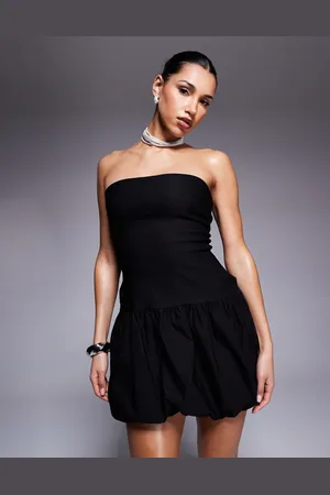 Vesper Vestido corto con escote palabra de honor, cintura baja y bajo abullonado de bengalina de