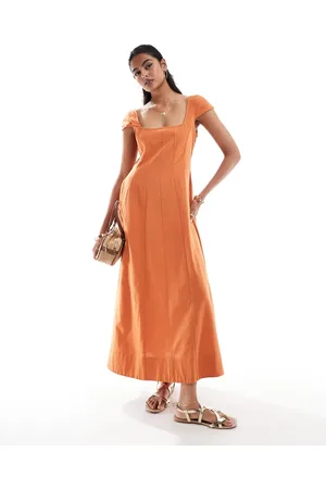 ASOS Vestido largo naranja de estilo tenista con manga de casquillo y detalle de costuras de