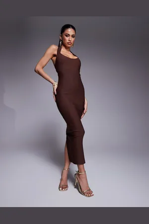 Vesper Vestido semilargo marrón ajustado con cuello halter ancho de bengalina de