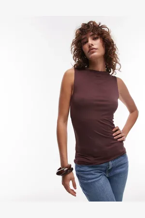Topshop Camiseta marrón sin mangas con cuello barco premium de