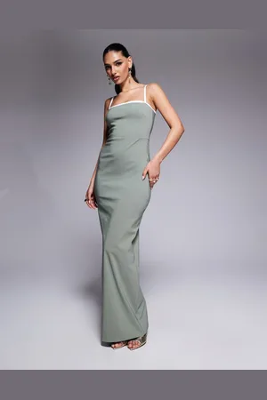 Vesper Vestido largo verde salvia ajustado con escote cuadrado y ribetes en contraste de bengalina de