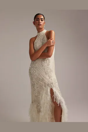 ASOS Vestido de novia largo con cuello halter, diseño floral con abalorios y flecos en el bajo de -Blanco