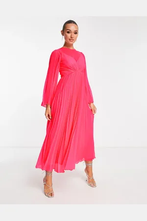 ASOS Vestido midi rosa flúor plisado con mangas fluidas y lazada en la espalda de