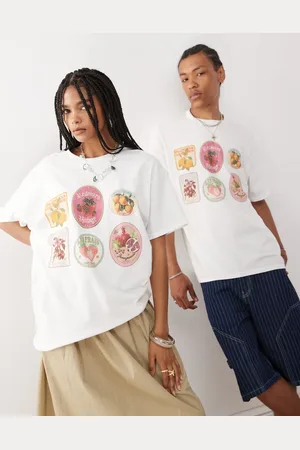 Reclaimed Camiseta blanca unisex extragrande con estampado de pegatinas de frutas de