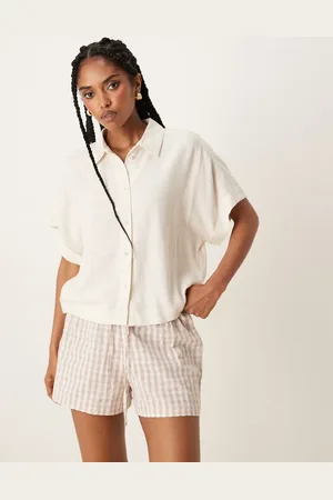 SELECTED Camisa corta color crema de lino de Femme-Blanco