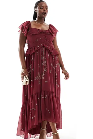 ASOS Vestido midi con escote Bardot, aberturas, volantes y abalorios dispersos de ASOS DESIGN Curve-Rojo