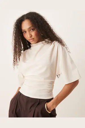 Gina Tricot Top blanco hueso de media manga con cuello barco drapeado de -Gris