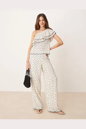 Y.A.S Pantalones color crema de pernera ancha con estampado de lunares negros de (parte de un conjunto)-Blanco