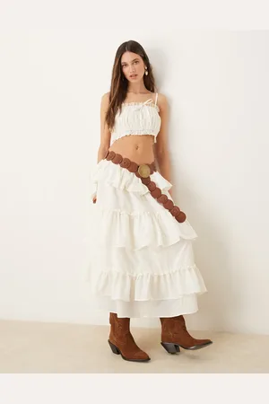 ASOS Falda larga color de estilo campestre con volantes de algodón de (parte de un conjunto)-Blanco