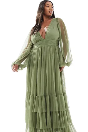 Lace & Beads Vestido de dama de honor largo verde oliva tenue de manga larga Madison de