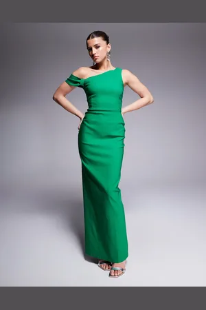 Vesper Vestido largo verde ajustado y asimétrico con detalle anudado de bengalina de