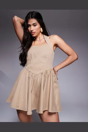 ASOS Vestido vaquero corto beis con cuello halter de -Azul