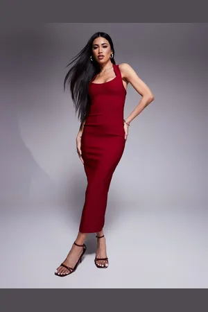 Vesper Vestido semilargo ajustado con cuello halter ancho de bengalina de -Rojo