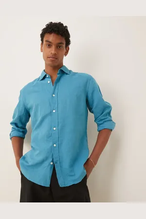 MANGO Camisa azul aguamarina de manga larga de mezcla de lino de