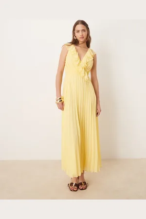 ASOS Vestido midi amarillo limón plisado con detalle cruzado y volantes de -Multicolor
