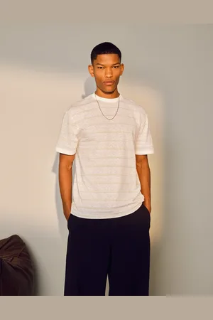 Topman Camiseta color crudo a rayas de corte estándar de tejido flameado de