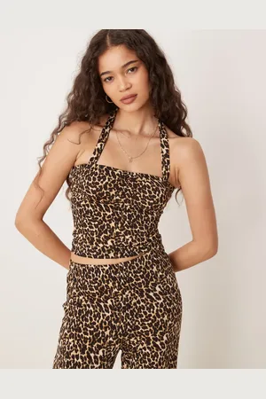 VILA Top ceñido con estampado de leopardo y cuello halter de punto liso de (parte de un conjunto)-Multicolor