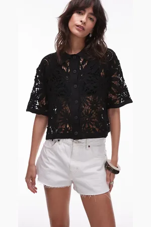 MANGO Camisa negra de manga corta de croché de