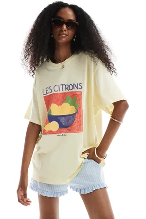 VERO MODA Camiseta amarilla de corte boyfriend extragrande con estampado gráfico "Les Citrons" de