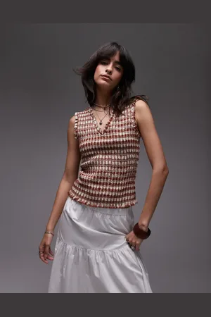 Topshop Top a cuadros vichy color óxido fruncido sin mangas con cuello de pico de -Marrón