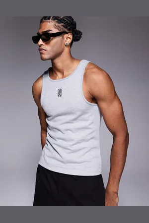 ASOS Camiseta gris jaspeado ajustada de tirantes con cuello ancho subido y logo bordado en el pecho de tejido grueso de 300 g/m² de