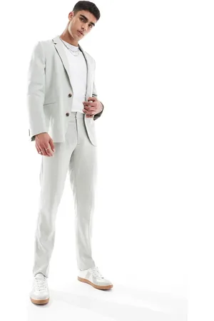 ASOS Pantalones de traje de corte slim con patrón de espiga de mezcla de lino de -Neutro