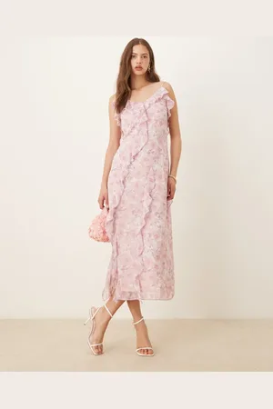 VILA Vestido midi rosa con estampado de florecitas y ribete de volantes de -Multicolor