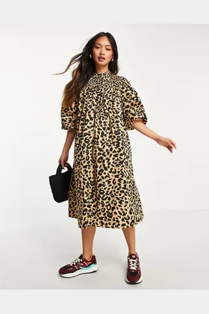 SELECTED Vestido midi fruncido con estampado de leopardo y mangas voluminosas de Femme-Multicolor