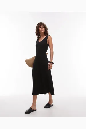 ARKET Vestido midi negro sin mangas de canalé compacto de